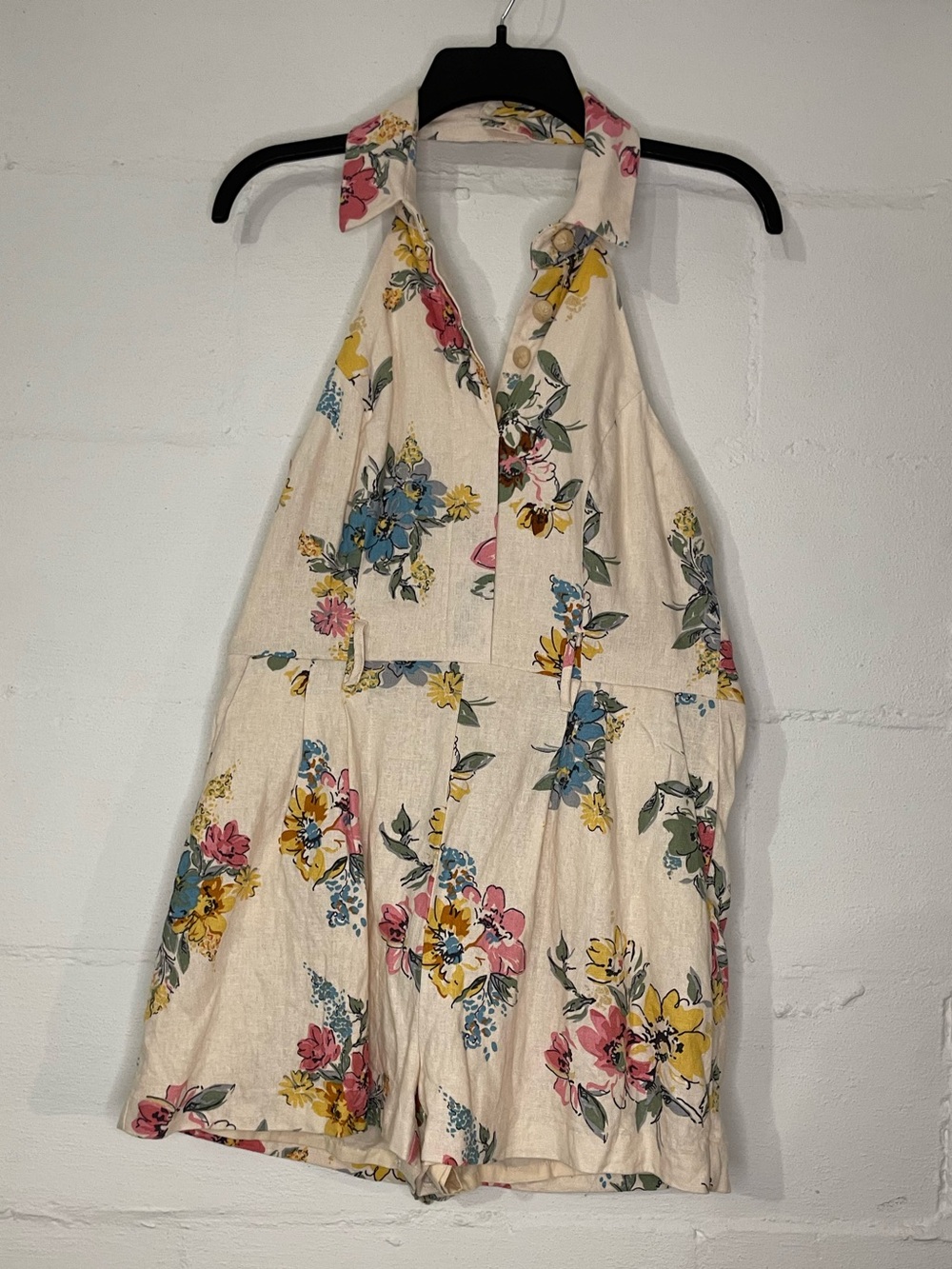 House of Harlow 1960 Cream Floral Halter Romper with Pink Yellow Blue Accents